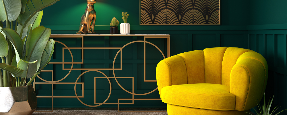 Deep green walls Art Deco room,yellow chair, entryway table