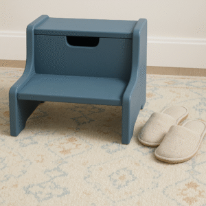 blue wooden step stool with storage