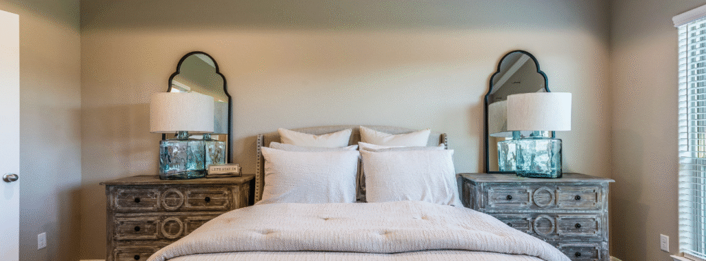 Bedroom with queen bed and side tables and lamps on each side of the bed.