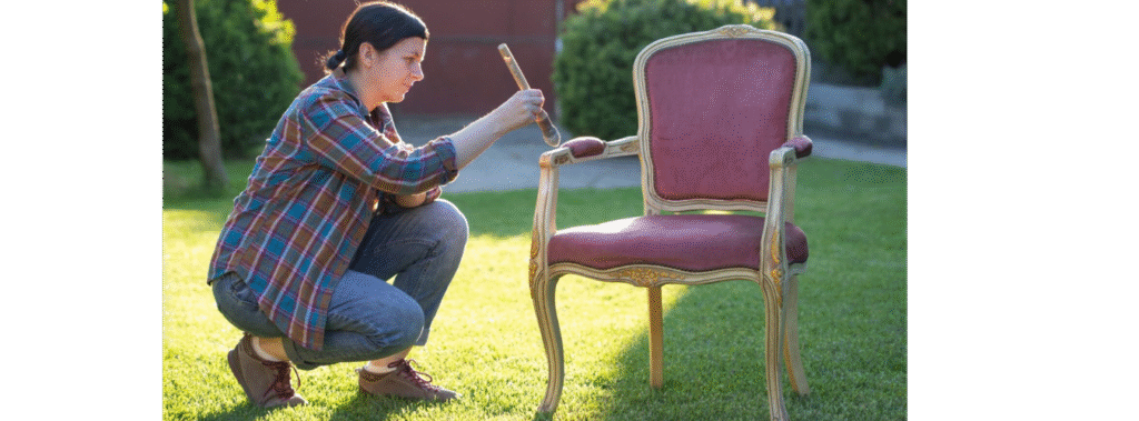 Woman painting a chair outside.