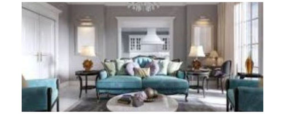 untitled design (16) Art Deco living room, blue sofa and round table.