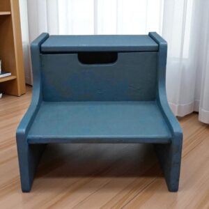 blue wooden step stool with storage