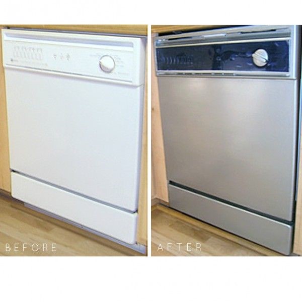 dish An outdated white dishwasher painted to look like stainless steel.