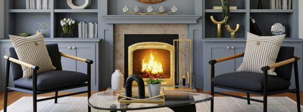 Living room with fireplace and two chairs.