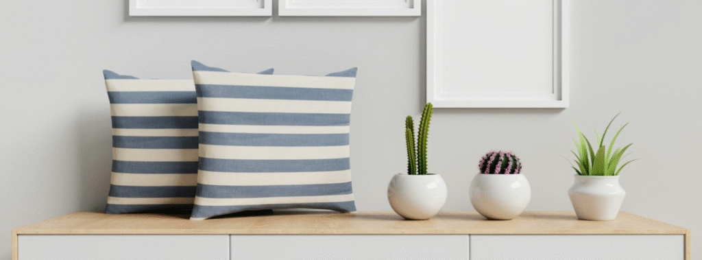table console with stripes pillows and plants on the console.