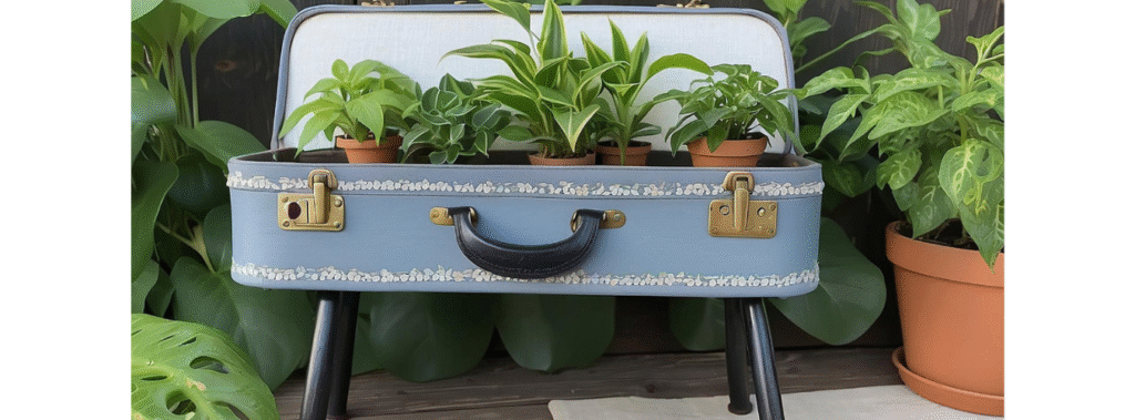 A blue suitcase filled with greenery and sitting in a yard.