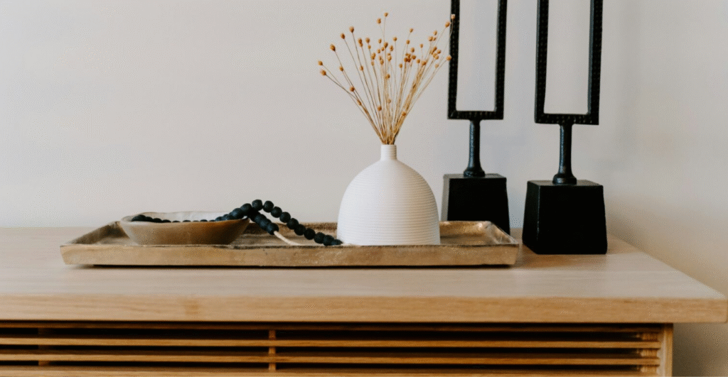 Bookshelf with a vase on a tray and two metal decor
