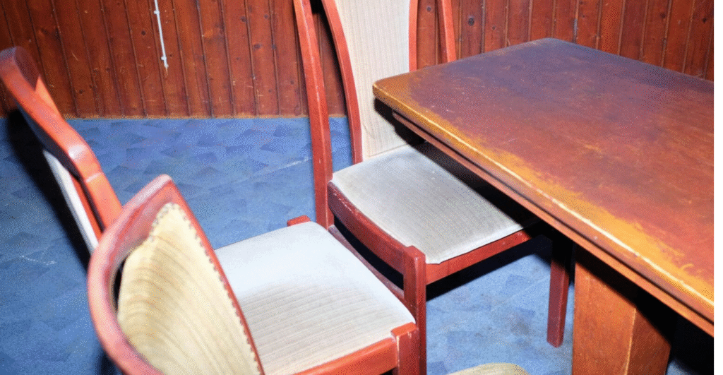 Two padded chairs, table, blue rug and wood panel wall.