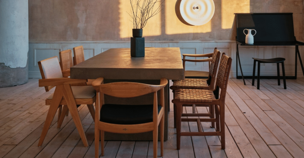 A wooden dining table,seven chair that are different and vase with flowers on the table