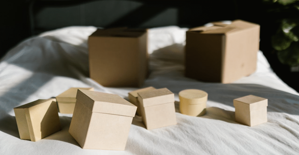 Different types of boxes on a a white sheet