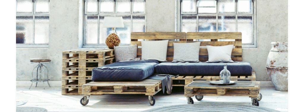 Pallets made into a seating area with wheel.