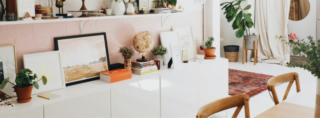 Dresser filled with books, pictures and nick-nacks