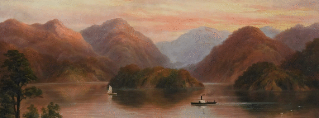Portrait of a person in a boat on the water with mountain view