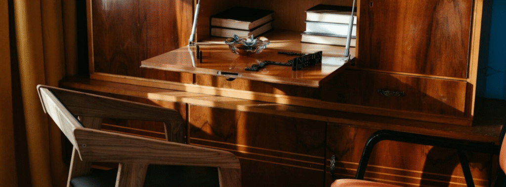 Secretarial desk with a chair.