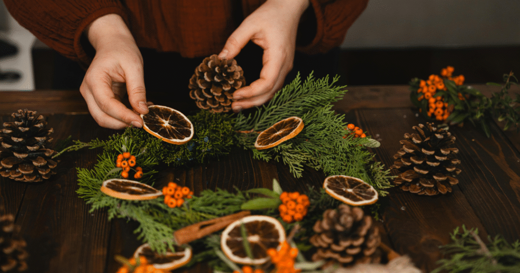 Dried fruit, acorns and garland.